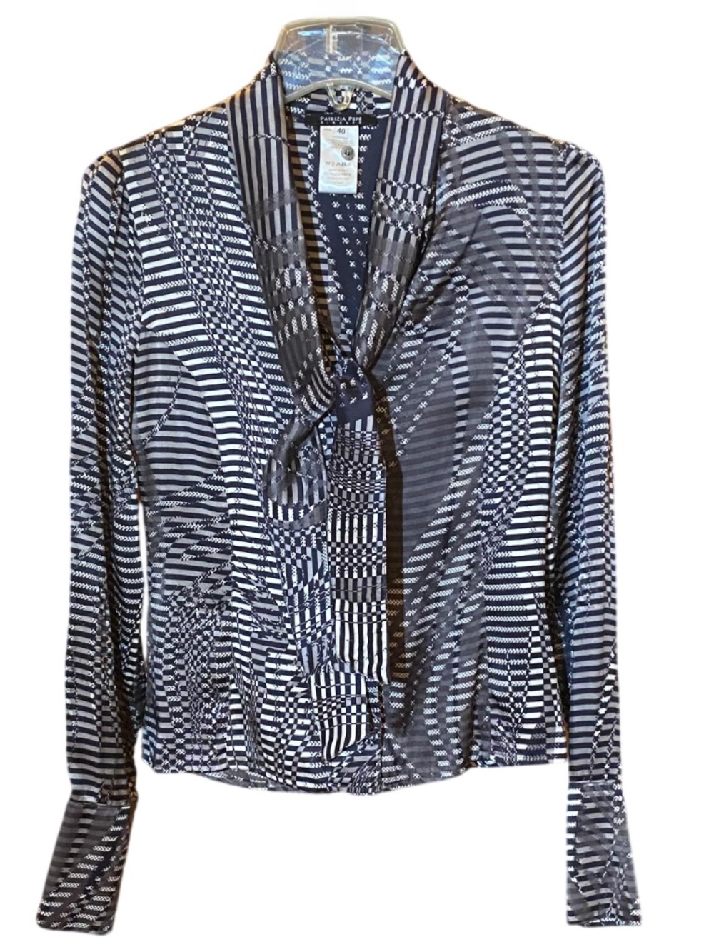 Patrizia Pepe Y2K Grey/Black/Avory Geometric Silk Tie Neck Blouse IT 40 US 4